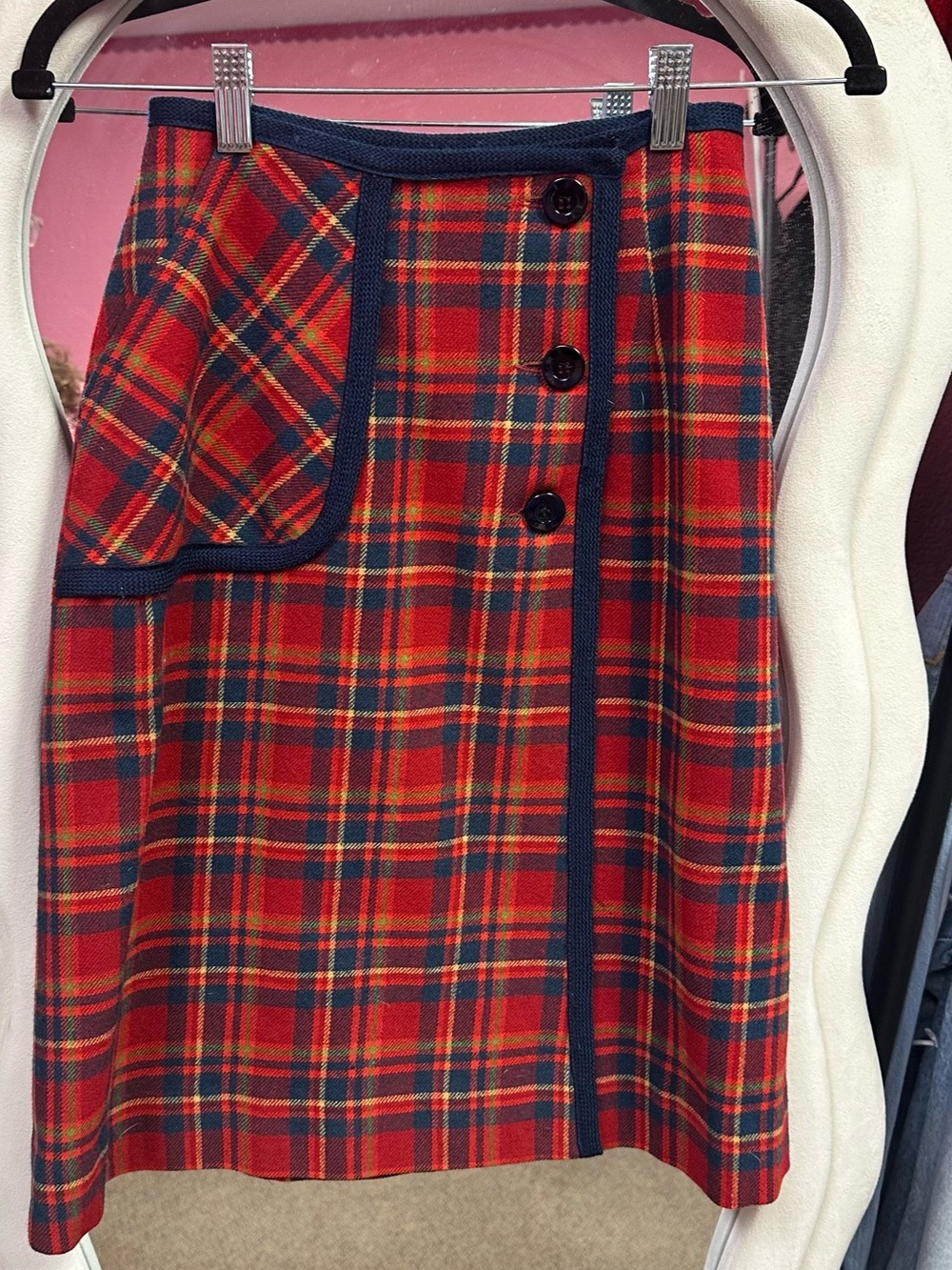 Vintage Red Plaid Button-Front Skirt with Navy Trim